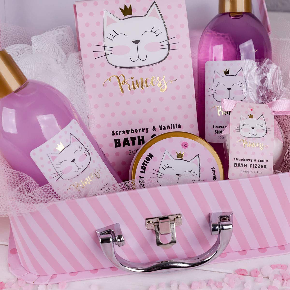 accentra zestaw do kąpieli i pod prysznic Princess Kitty dla kobiet i dziewcząt, o słodkim zapachu truskawki i wanilii, zestaw prezentowy pakowany w papierowe etui
