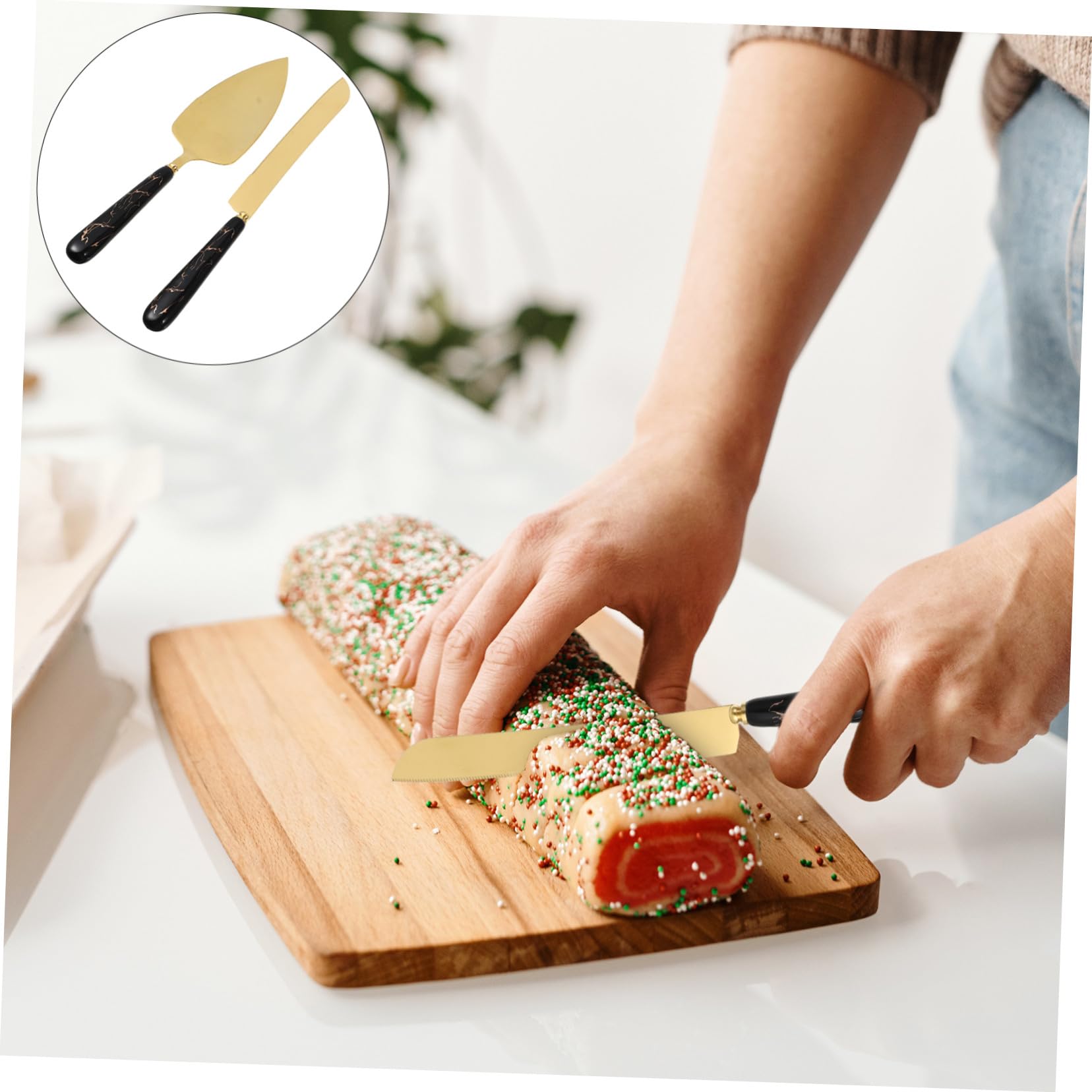 Spatule à Gâteau et Coupe-pizza en Acier Inoxydable 2 Pièces Noir Doré, Ustensiles Cuisine Ergonomiques Antidérapants pour Pâtisserie et Découpe, Ensemble Présent Élégant