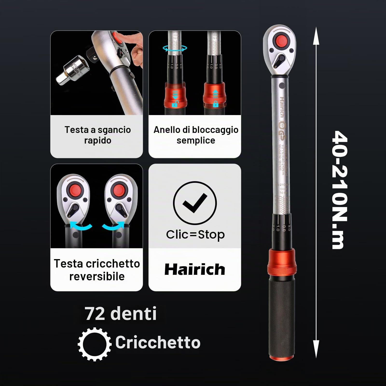 Hairich Chiave dinamometrica 1/2 pollici, 40-210 Nm per bicicletta e moto, chiave dinamometrica, set da 6 pezzi, con asta di prolunga da 125 mm, adattatore da 1/2"-3/8", 3 bussole per il