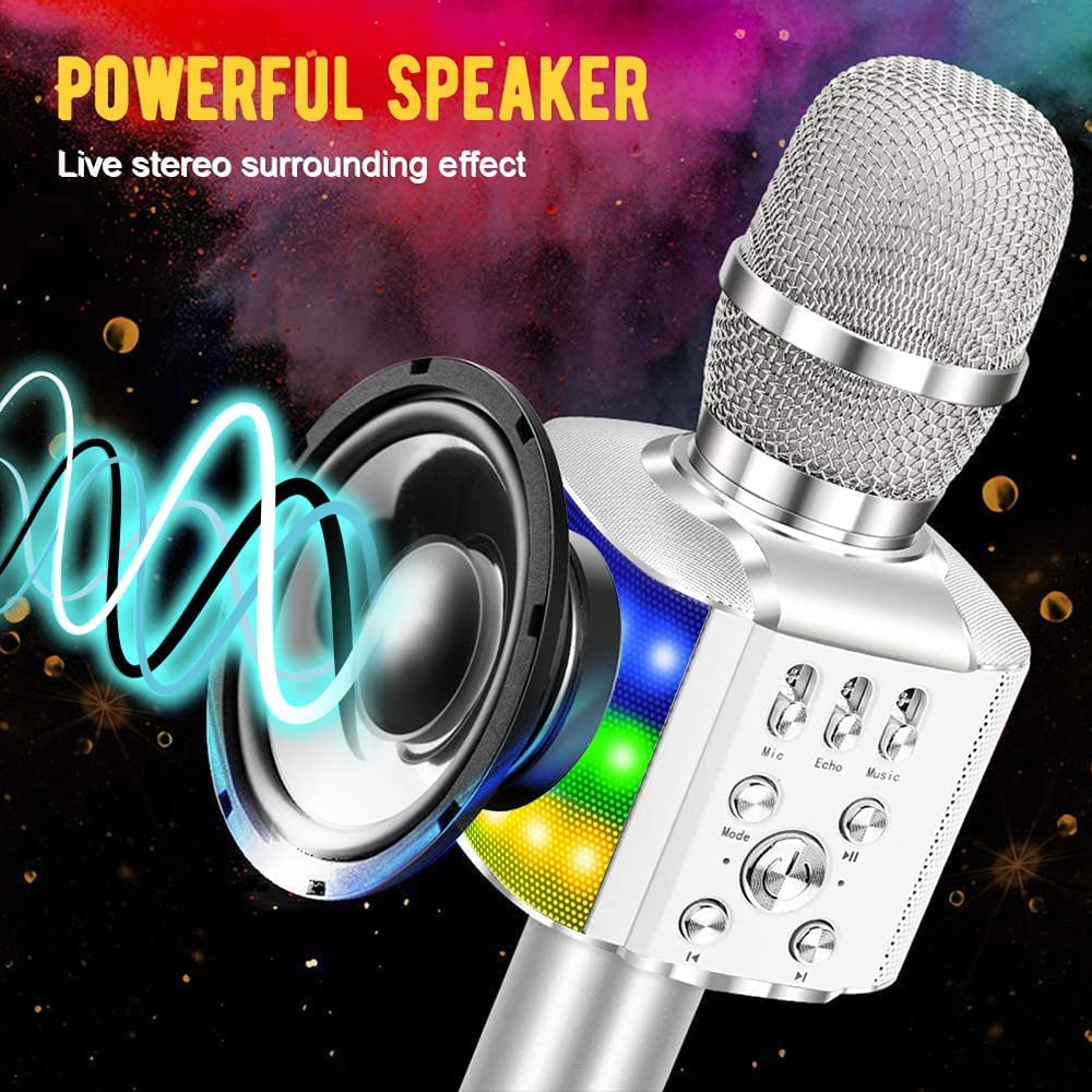 BONAOK Microfono Karaoke Wireless Per Bambini Con Effetti Voce Magici, Altoparlante Bluetooth E Luci LED, Compatibile Con Smartphone IPhone/Android