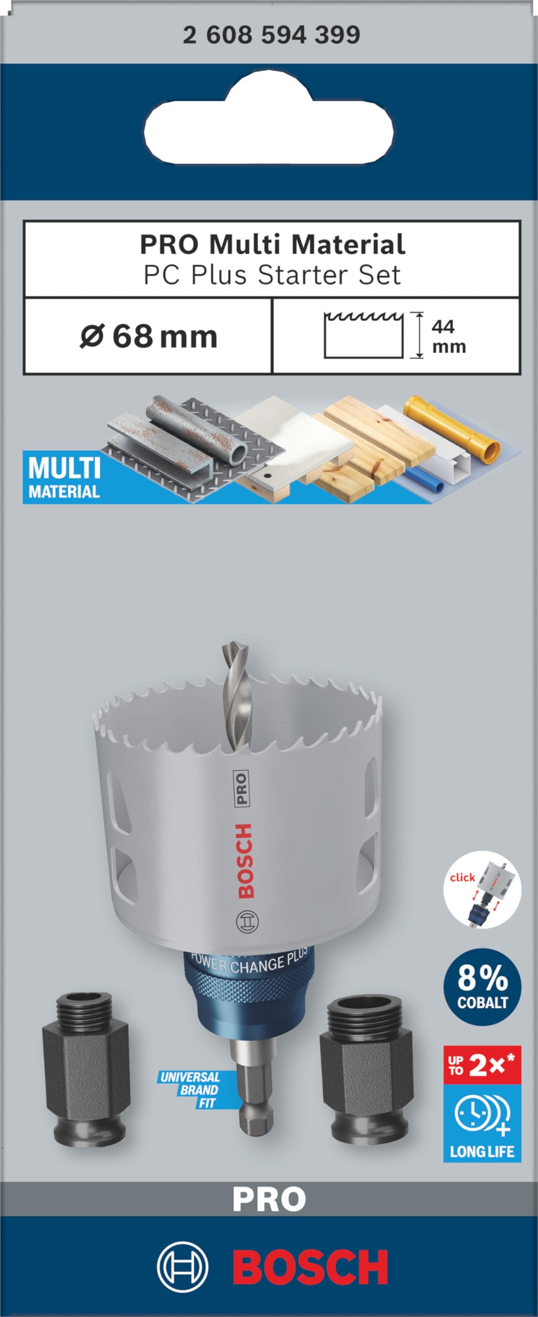 Bosch 5 x PRO Multi Material Power Change Plus zestaw startowy (do miękkiego drewna, płyty gipsowo-kartonowej, Ø 68 mm, profesjonalne akcesoria do wiertarki/wkrętarki)