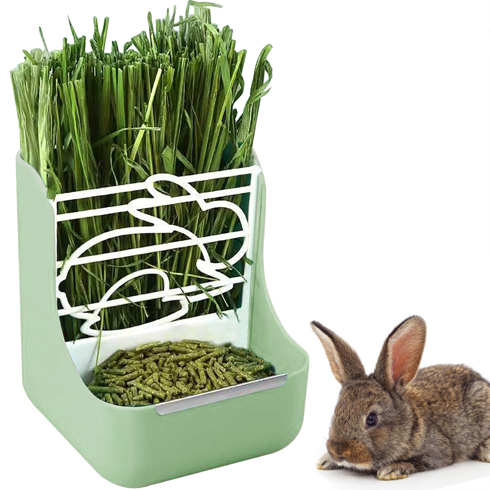 GKYZBB Rabbit Feeder, Hay Food Bin Feeder, Adjustable,Removable Grass Rack, Stainless Steel Edge, for Rabbit, Guinea Pig, Chinchilla (Green)