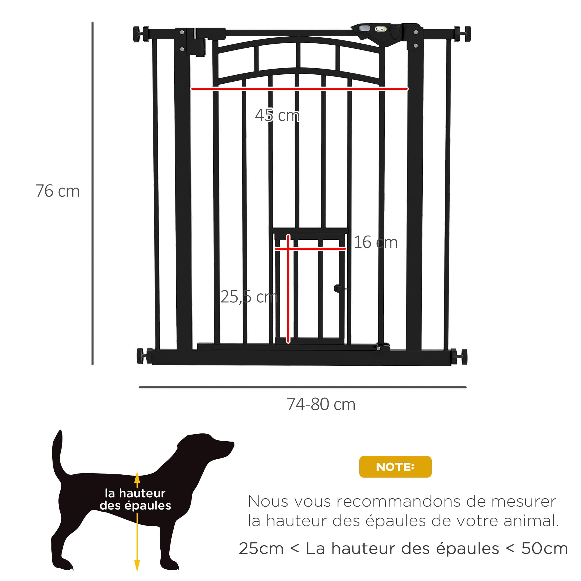 PawHut - Barrera de Seguridad para Perros (fijación por presión sin Taladro, Puerta de Cierre automático, Sistema de Doble Bloqueo, 74 a 80 cm, Acero, Negro | Barrera de Escalera, Sin Taladro, Puerta Automática, Sistema de Doble Bloqueo, Acero