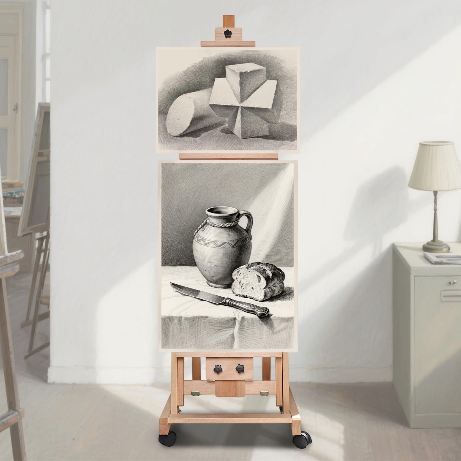 Buchenholz Staffelei Groß H-Rahmen 143-232cm Höhenverstellbar, mit 4 Bremsen Rädern, Künstlerstaffelei für Studio/Atelier/Erwachsene/Kinder
