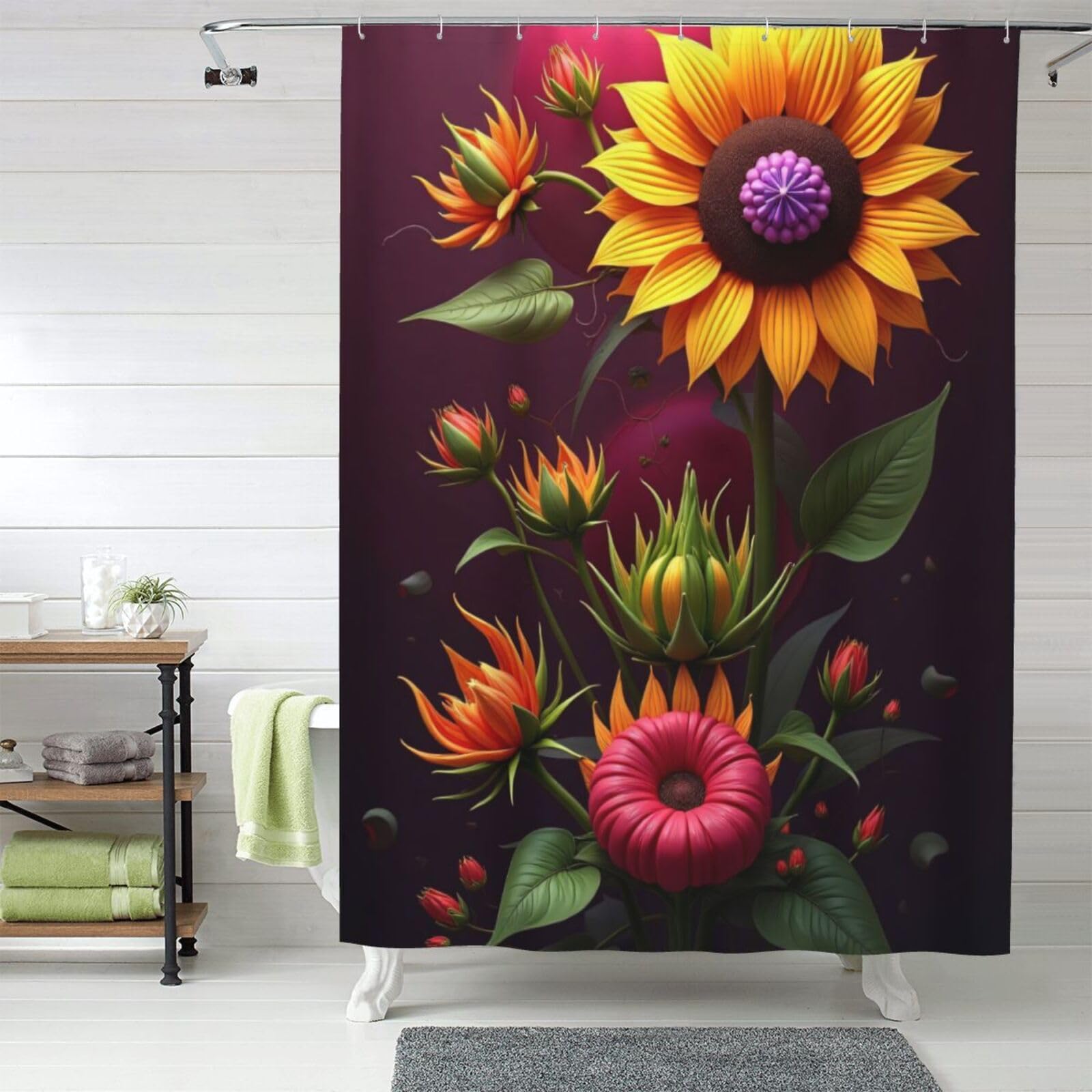 Rideau de douche n° 209 imprimé bouquet coloré en tissu épais lavable 152x183 cm