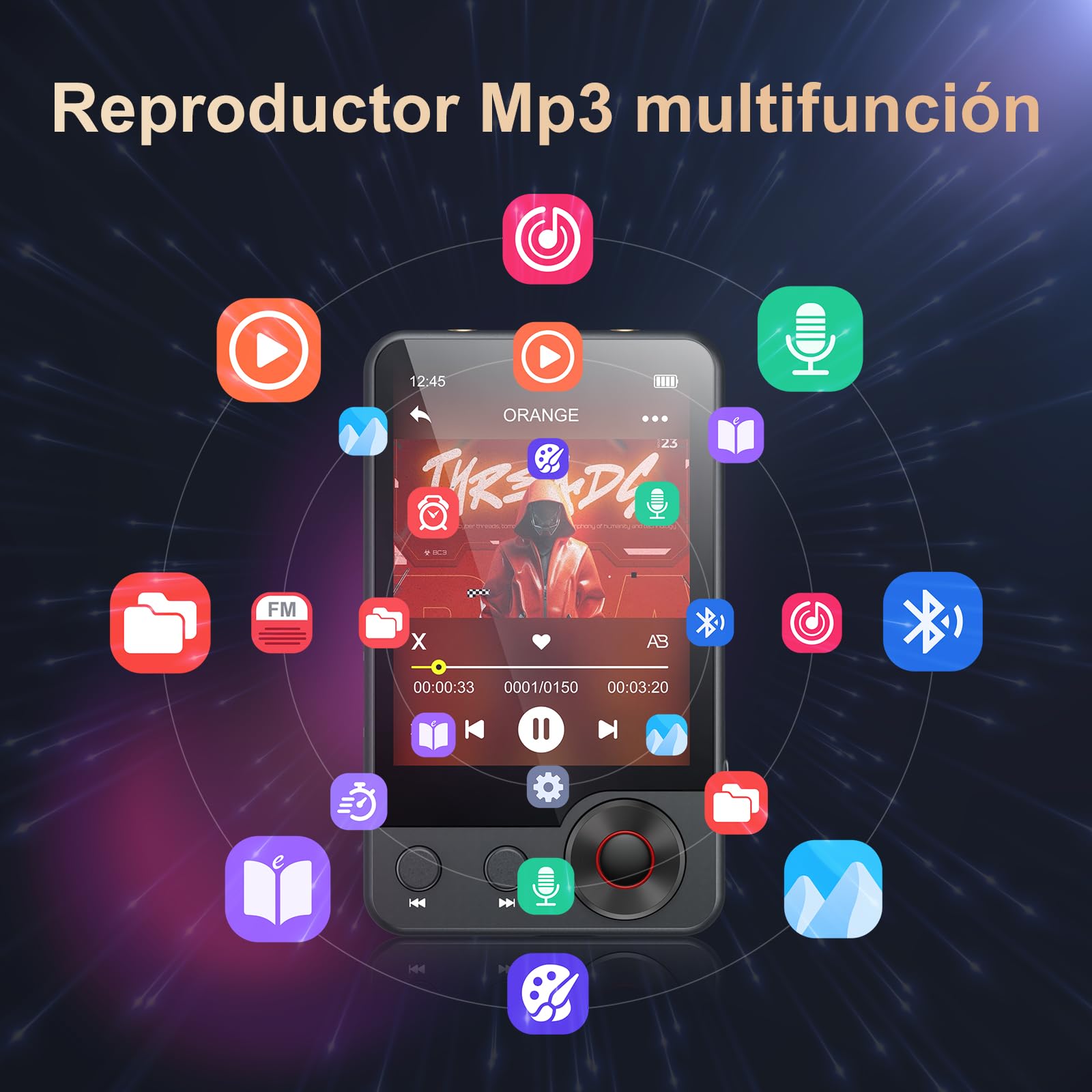 Reproductor MP3 de 128GB con Bluetooth 5.3, Reproductor de Música Portátil con 2,4'' con Altavoz, Reproductor MP3 con Radio FM, Grabación de Voz, Auriculares (Negro)