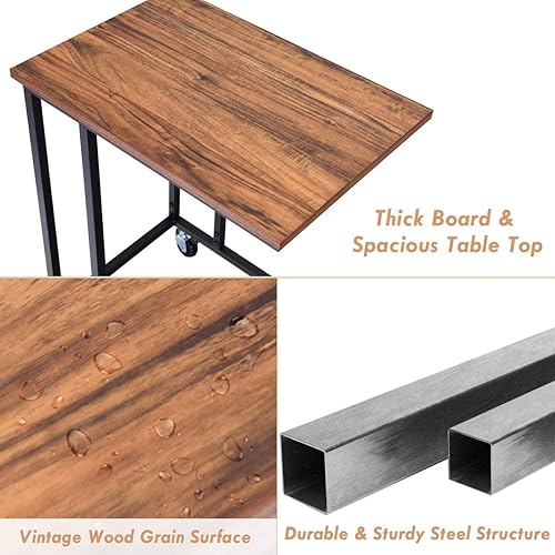 Miniatura 5 de CHEFJOY Mesa auxiliar móvil, mesa auxiliar en forma de C con ruedas y marco de metal, mesa auxiliar industrial para sala de estar, dormitorio