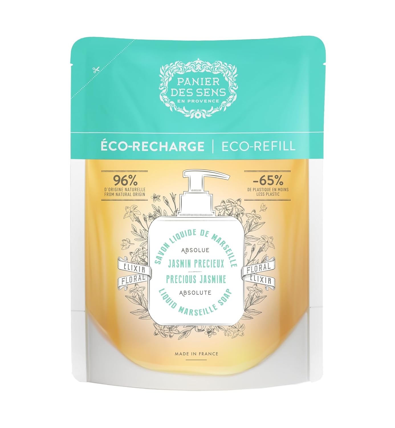 Panier des Sens - Liquid Hand Soap Refills - Jasmine Foaming Hand Soap Refill - French Moisturizing Hand Wash with Coconut Oil - Kitchen & Bathroom Soap - 97% Natural - 34 Fl.oz