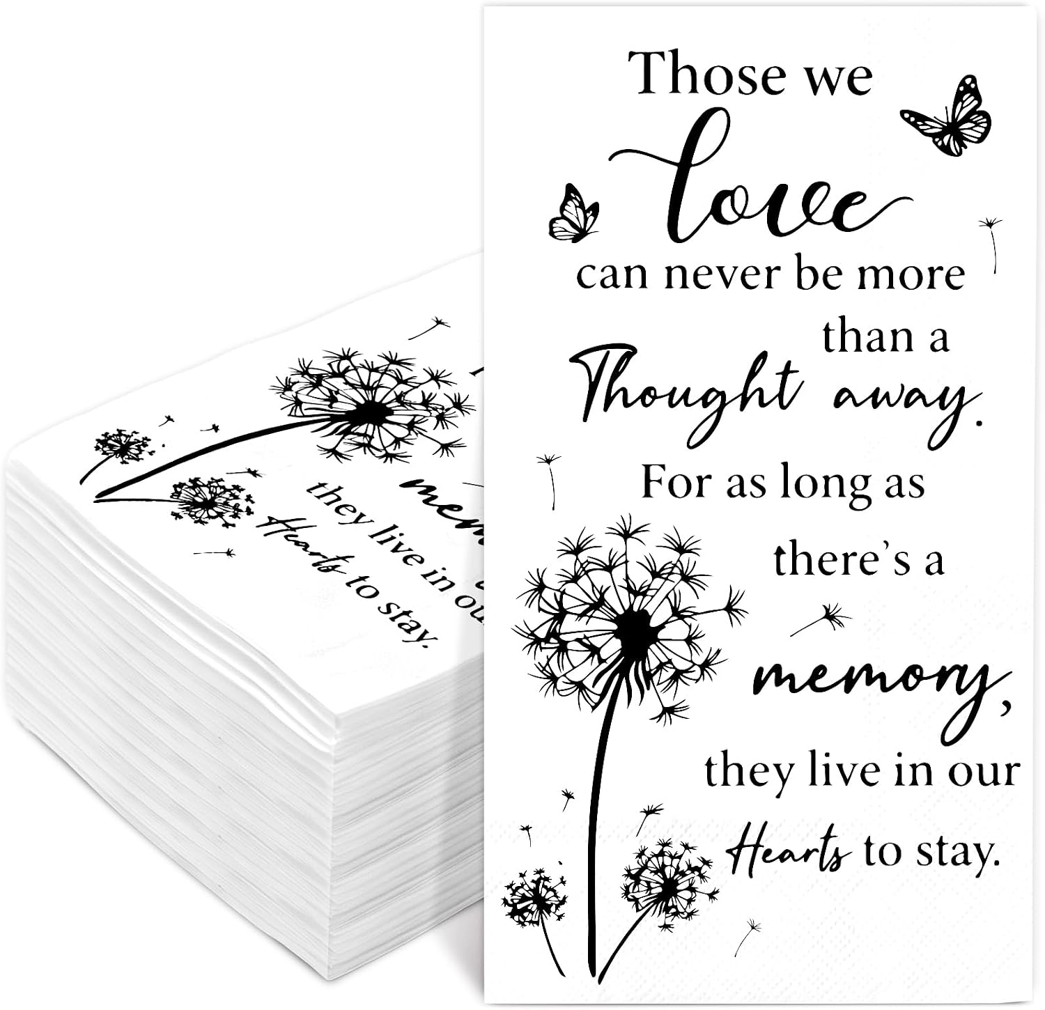 FYSUIMU 100 Pcs Funeral Guest Napkins Black White Dandelion Butterfly Paper Napkins Disposable Hand Towels for Bereavement Memorial Service Loved Ones Celebration of Life