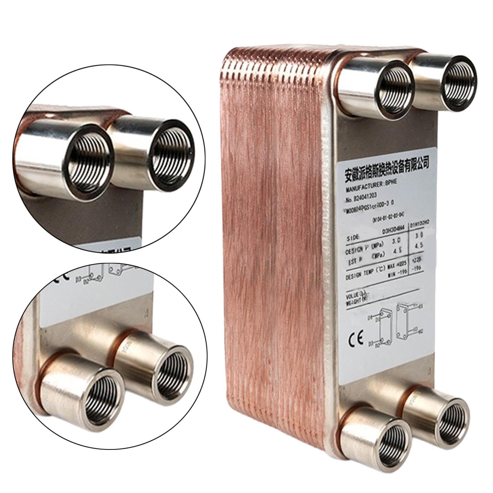 Échangeur à Plaques Brasées Compact pour Systèmes de Chauffage et Refroidissement Ports NPT Femelles 1/2 Pouce Adapté aux Applications, 20 Assiettes