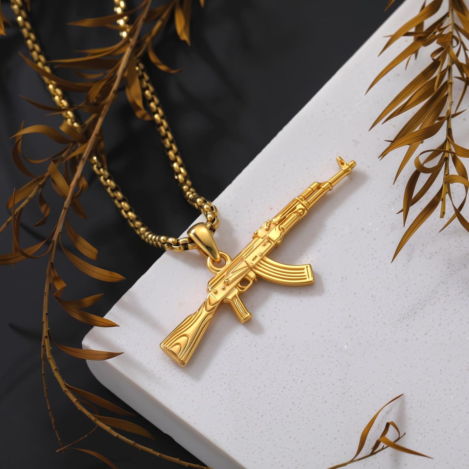 Gun Necklace 925 Sterling Silver Hip Hop AK-47 Gun Pendant Necklace for Men, w/Stainless Steel Chain 22 + 2 Inch