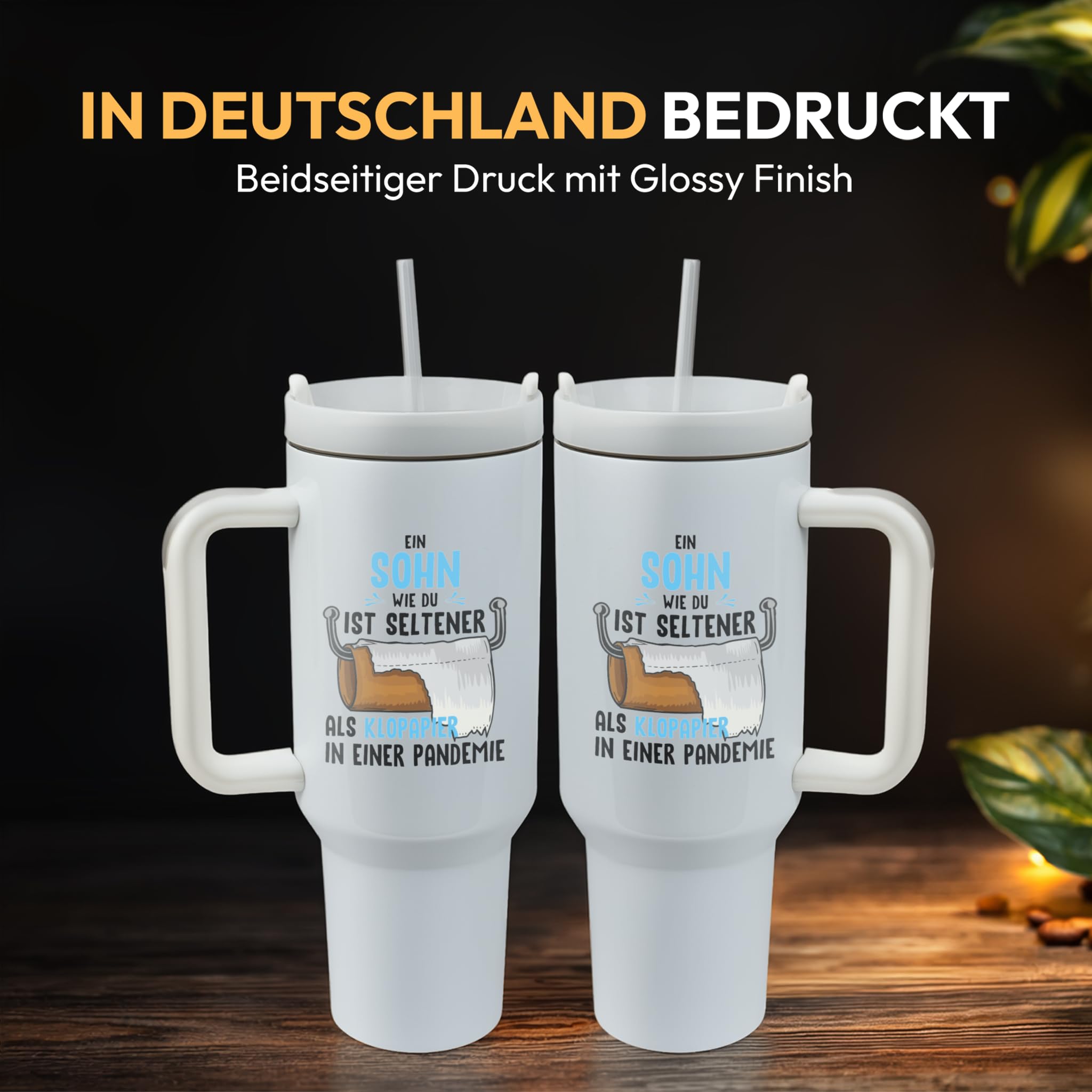 XXL Thermobecher für Sohn – Lustiges Geschenk zum Geburtstag & Weihnachten – Edelstahl Trinkflasche, Weiß mit Klopapier Spruch (WIEDERVERWENDBAR)