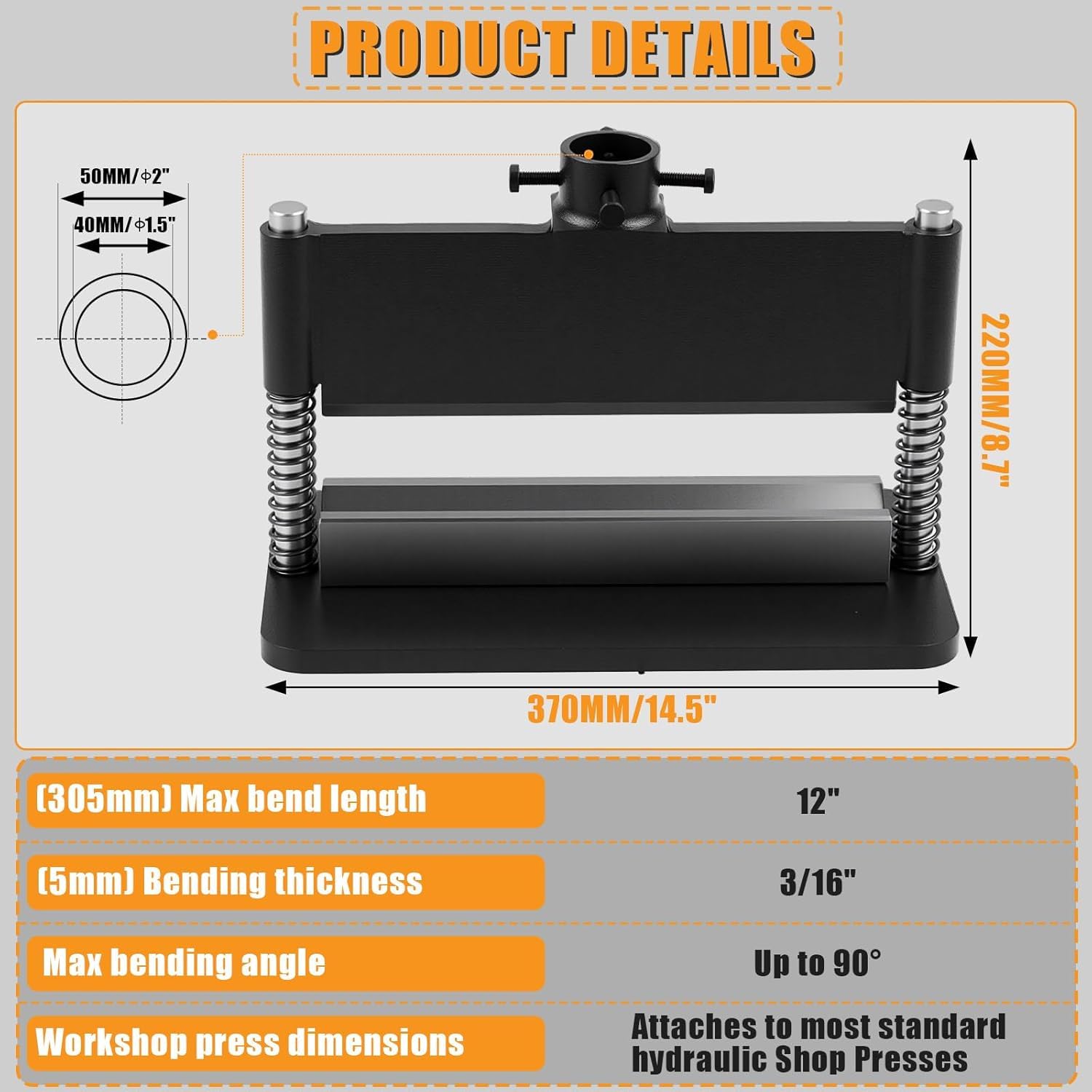 12" Press Brake Attachment, Dual Spring Design Hydraulic Shop Presses, Heavy Duty Metal Bending Tool, for 12 to 20 Ton Hydraulic Shop Presses - 4
