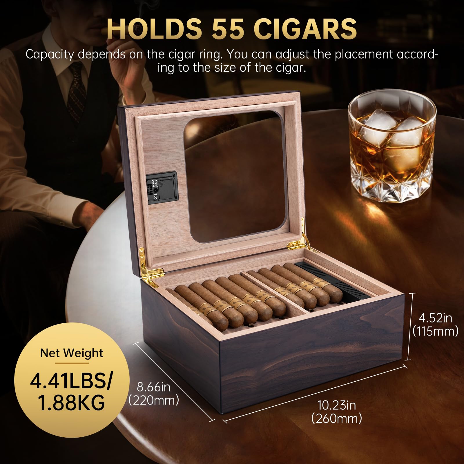 Zigarren Humidor aus Zedernholz, Zigarrenbox mit Hygrometer und Luftbefeuchter, Doppelraum Zigarrenkiste mit Regal für 45-55 Zigarren, Männer Geschenk Zigarren Zubehör (Dunkelbraun)