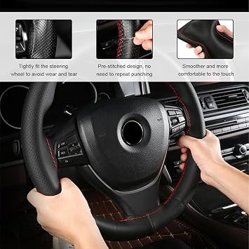 Genuine Leather Steering Wheel Cover, 15 Inch Breathable DIY Sewing Wheel Protector with Needle Thread, Stitch on Wrap Wheel Cover with Anti-Slip Design (Black & Red, Full Hole)
