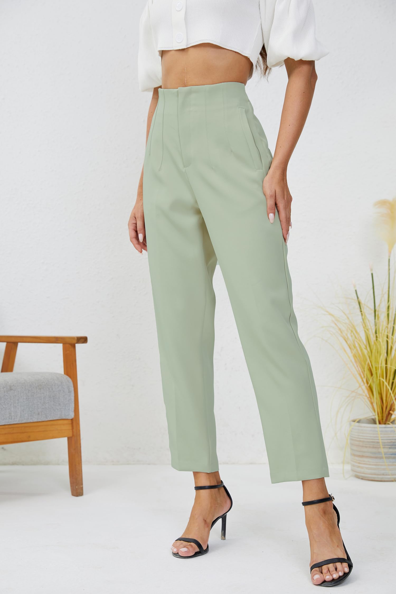 Pantalones de negocios de cintura alta para mujer, pierna recta, plisados, pantalones de oficina