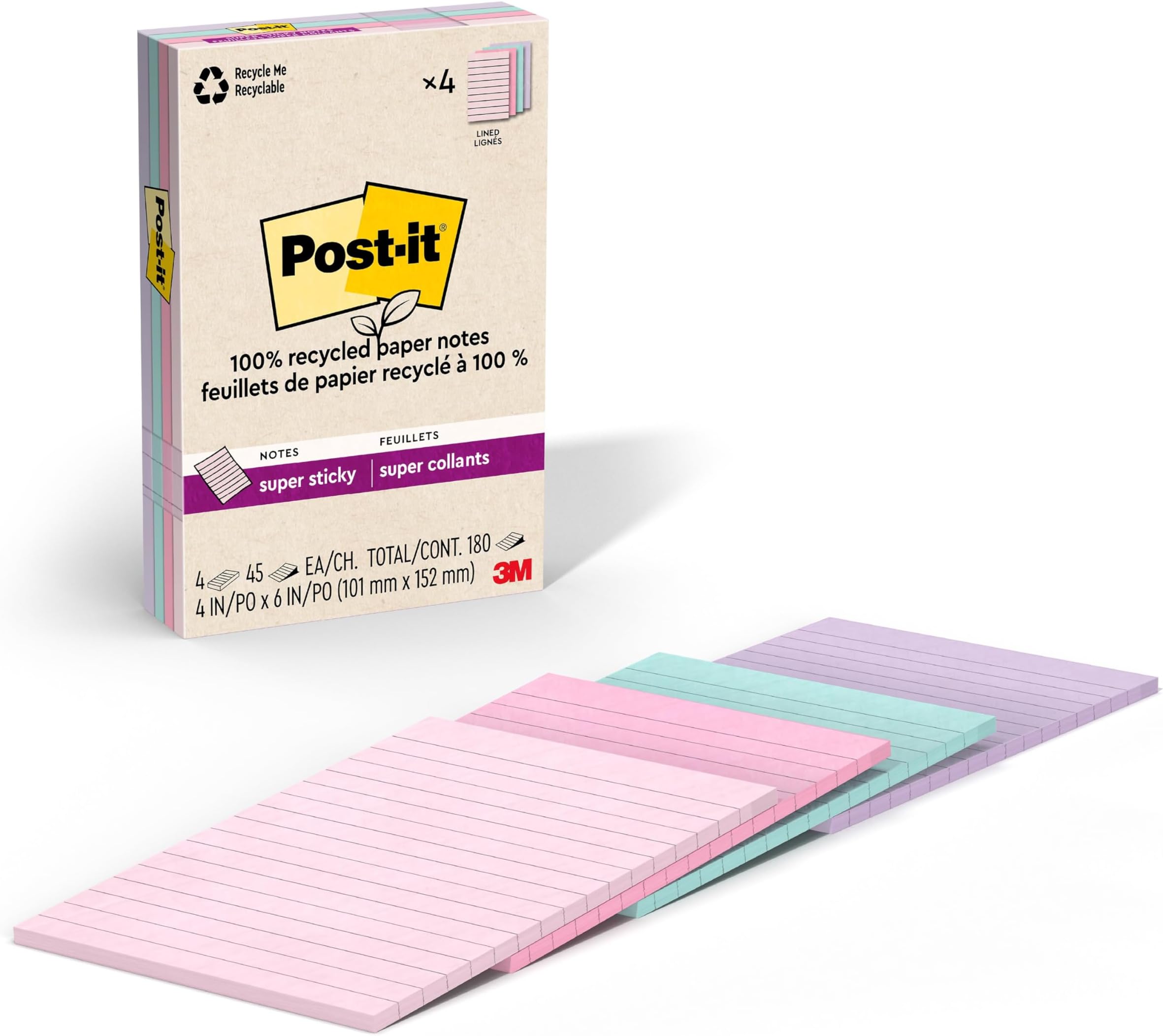 100% Recycled Paper Super Sticky Notes, Lined, 4 in. x 6 in., 4 Pads, 45 Sheets per Pad, Wanderlust Pastels, School Supplies and Office Products