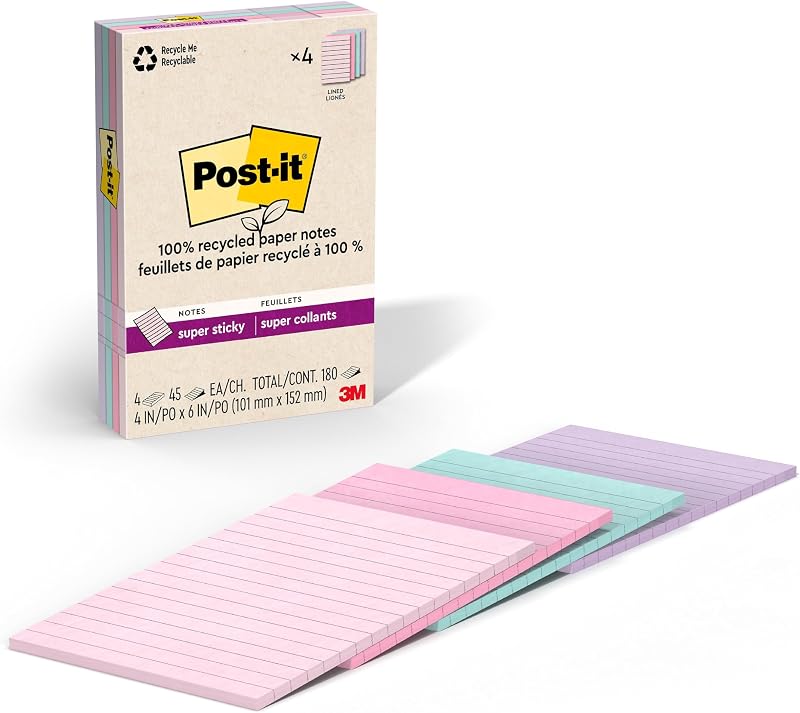 Notas súper adhesivas Post-it de papel 100% reciclado, rayadas, 4 pulgadas x 6 pulgadas, 4 blocs, 45 hojas por bloc, Wanderlust Pastels, útiles escolares y productos de oficina