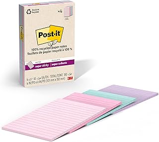 Post-it 100% Recycled Paper Super Sticky Notes, 2X The Sticking Power, 4x6 in, Lined, 4 Pads/Pack, 45 Sheets/Pad, Wanderlu...