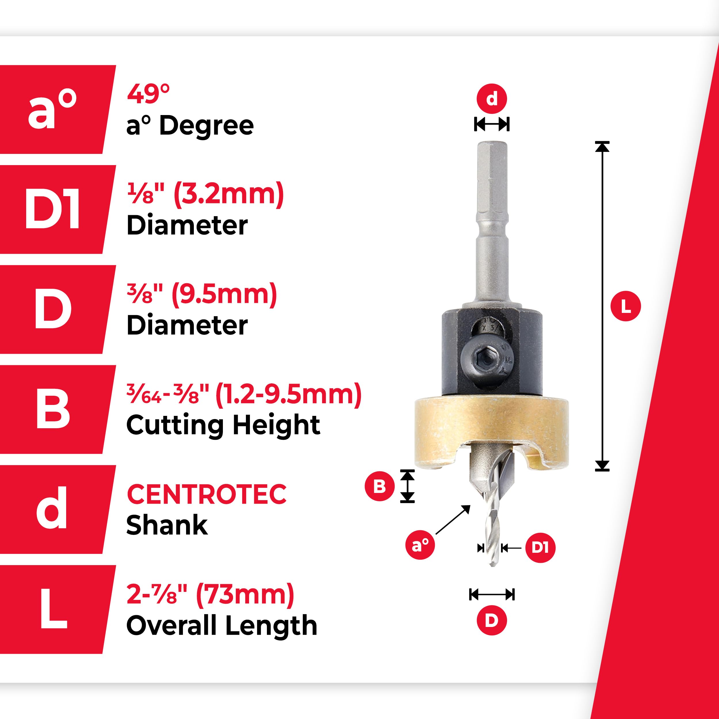 Amana Tool Broca avellanadora con punta de carburo de 82 grados y tope de profundidad ajustable, compatible con Festool CENTROTEC, 55164, 3/8 de diámetro x 1/8 de diámetro