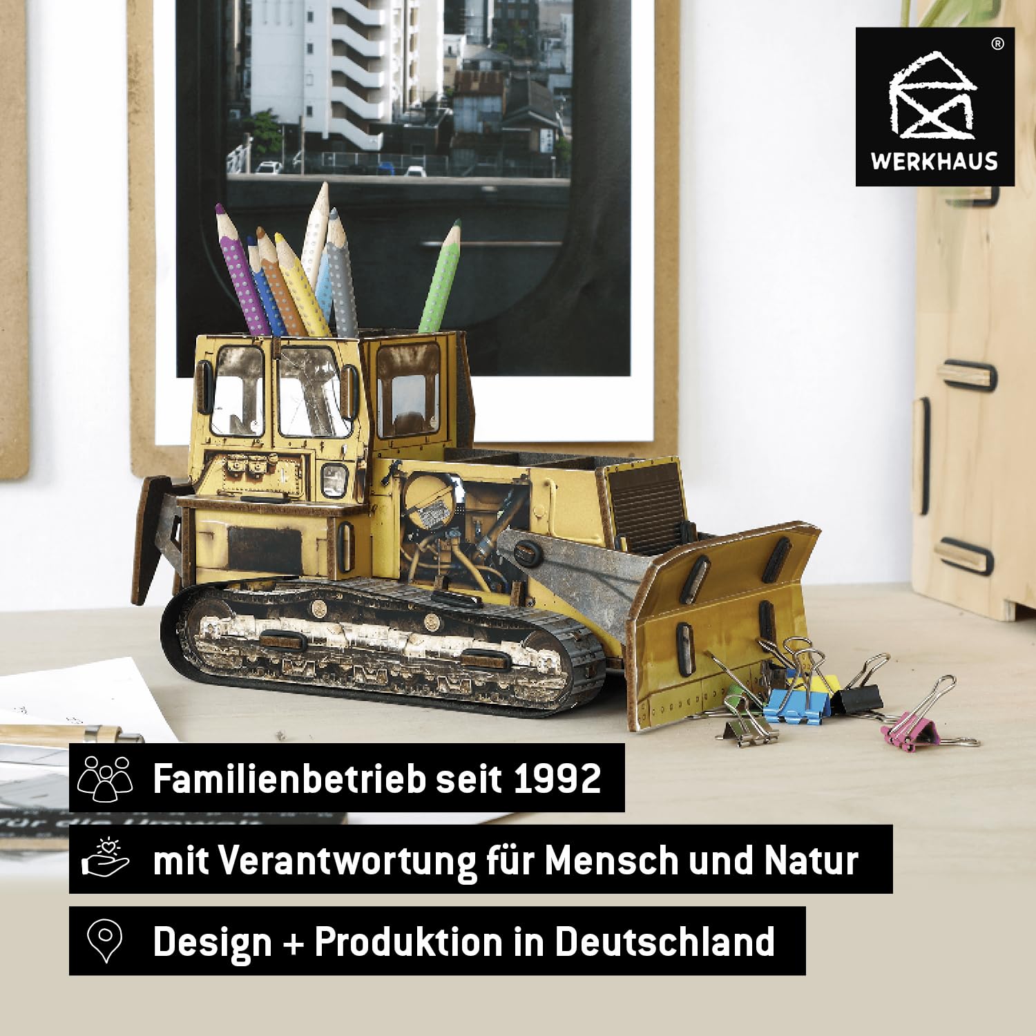 Werkhaus WE 2057 Stiftebox Raupe – dekorativer Schreibtisch Organizer mit 5 Fächern aus Holzwerkstoff, Stiftehalter für Büro Schule Homeoffice - Made in Germany
