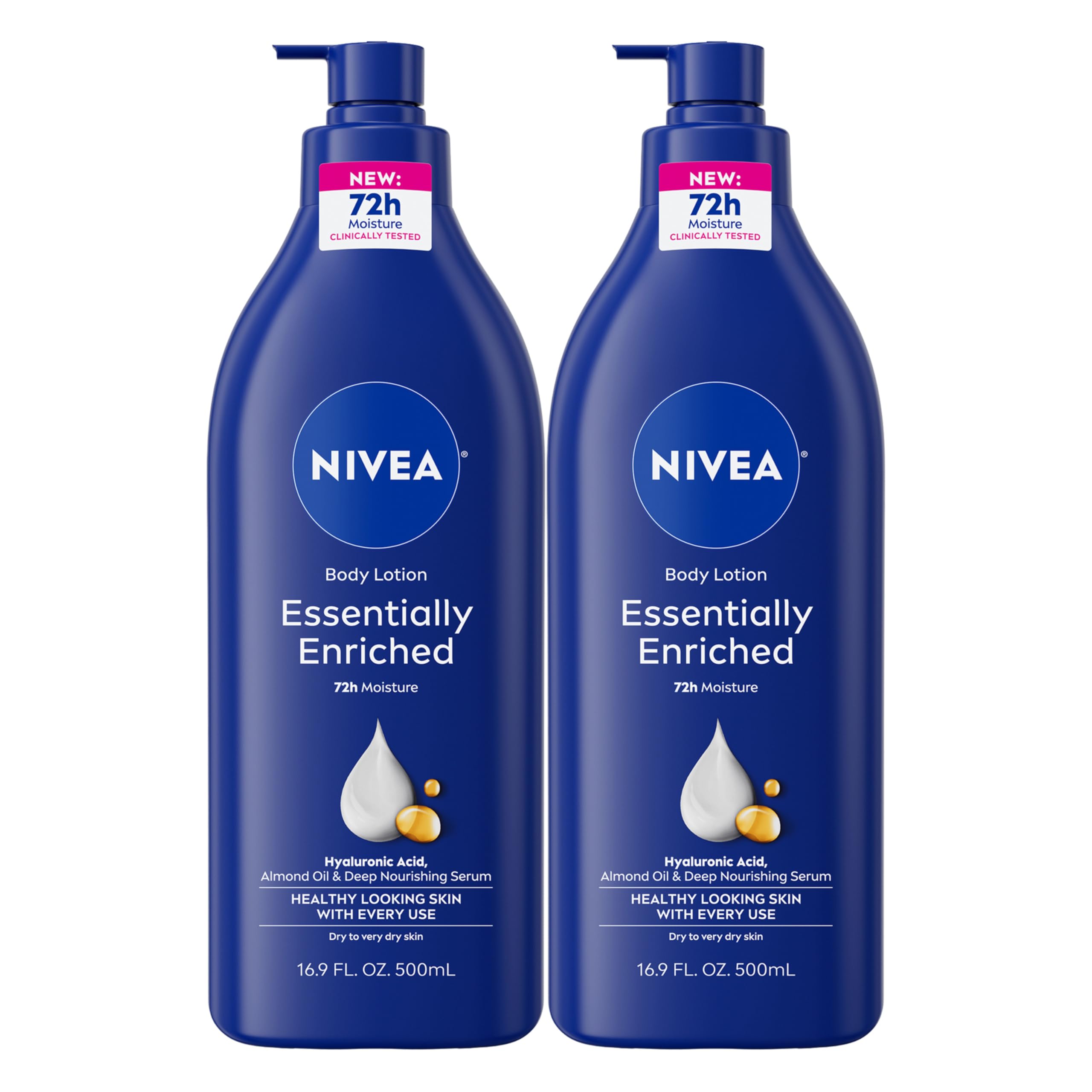 NIVEA Essentially Enriched Body Lotion for Very Dry Skin with Hyaluronic Acid, Almond Oil and Deep Nourishing Serum, 72-Hour Body Moisturizer, 16.9 Fl Oz Pump Bottle, Pack of 2