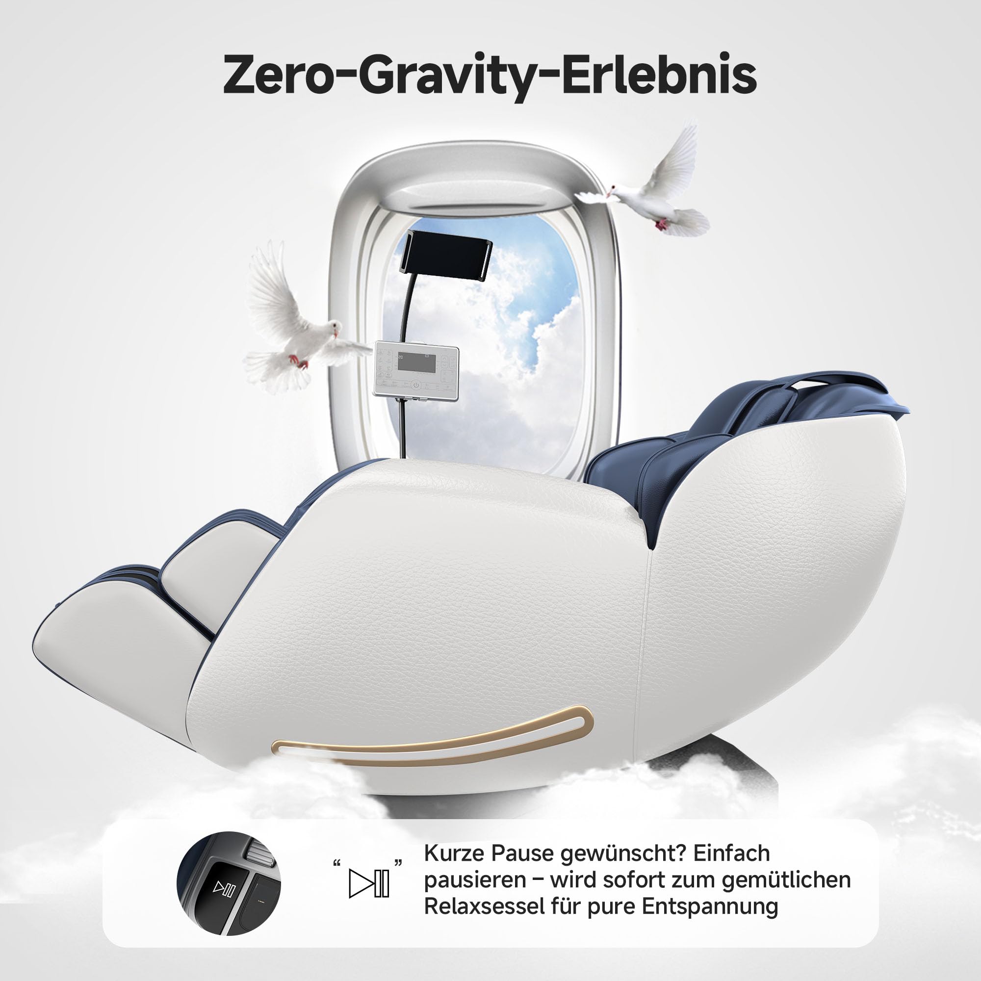 Real Relax 2026 Massagesessel Ganzkörper, Zero Gravity SL-Track Shiatsu-Massage-Liegesessel mit Telefon-Controller und Halterung, Kindersicherung, Pause-Taste und LED-Beleuchtung, Favor-06, Blau-Weiß