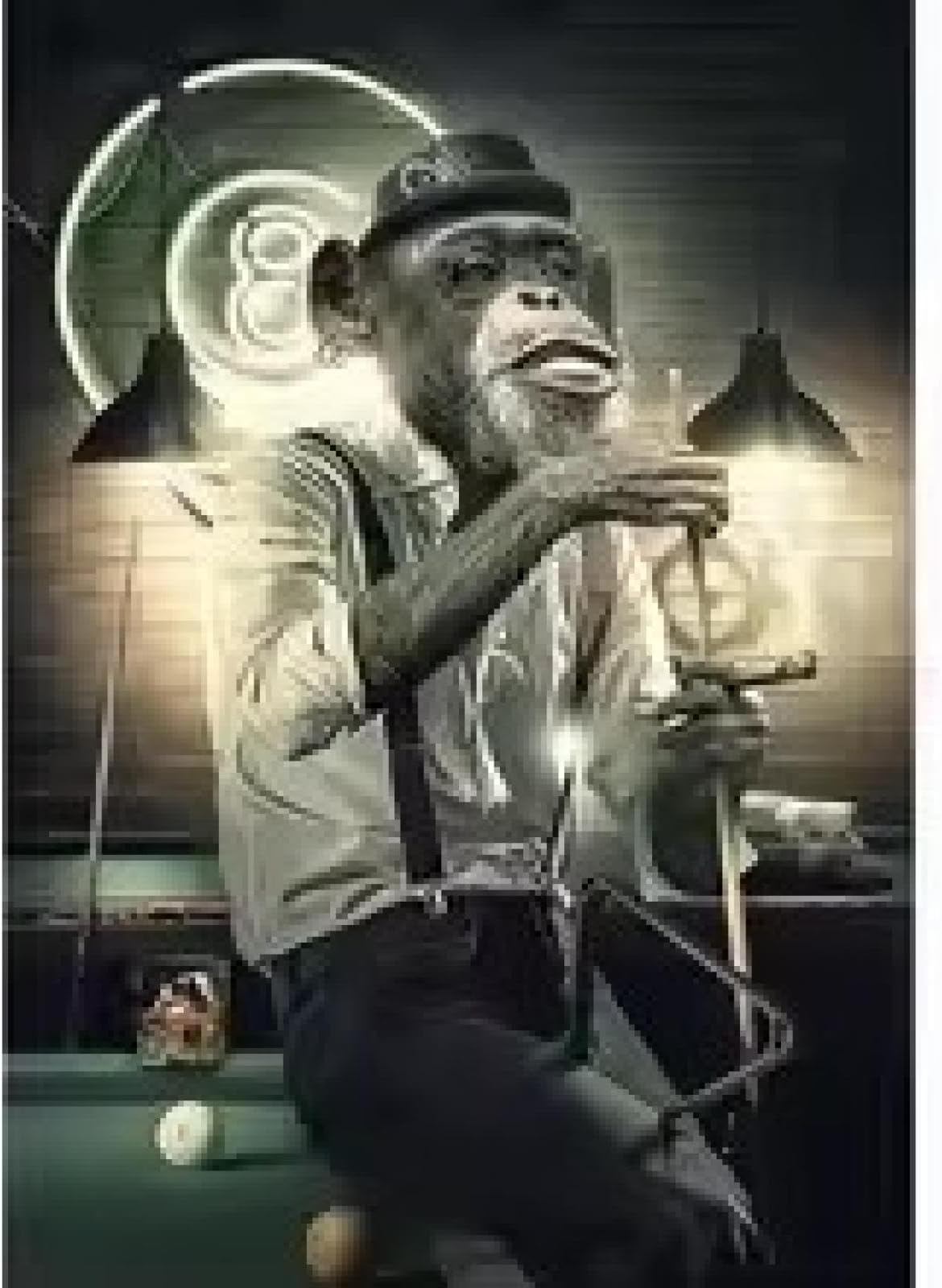 DHHXY Black Smoking Monkey Canvas Picture on Stretcher Frame Playing Cards Billiard Room Bar Canvas Painting Abstract Animal Wall Poster Decor 40x60cm Wooden Frame