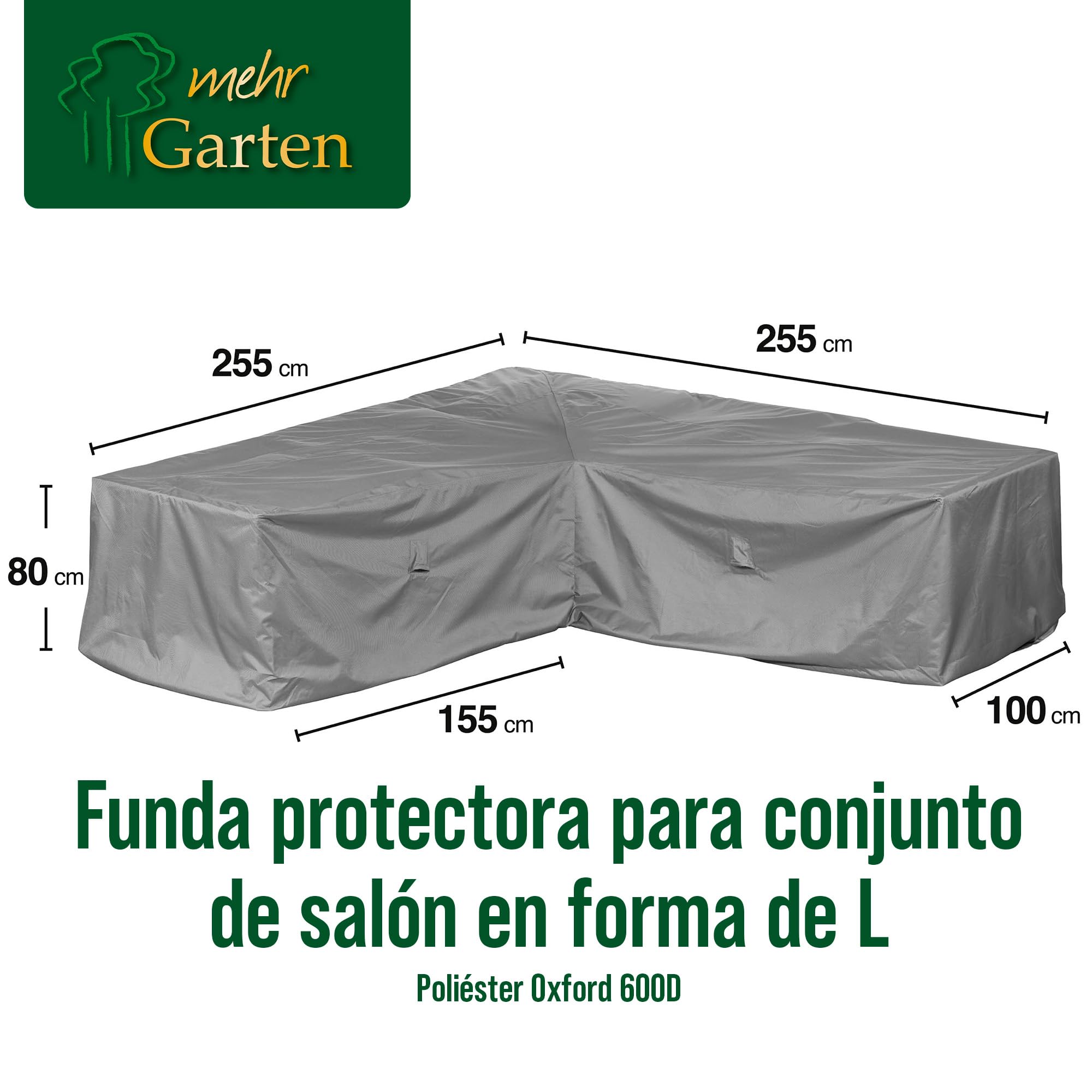 Funda protectora para sofá esquinero de jardín | 255 x 255 x 80 cm | Poliéster tejido Oxford 600D, color: gris