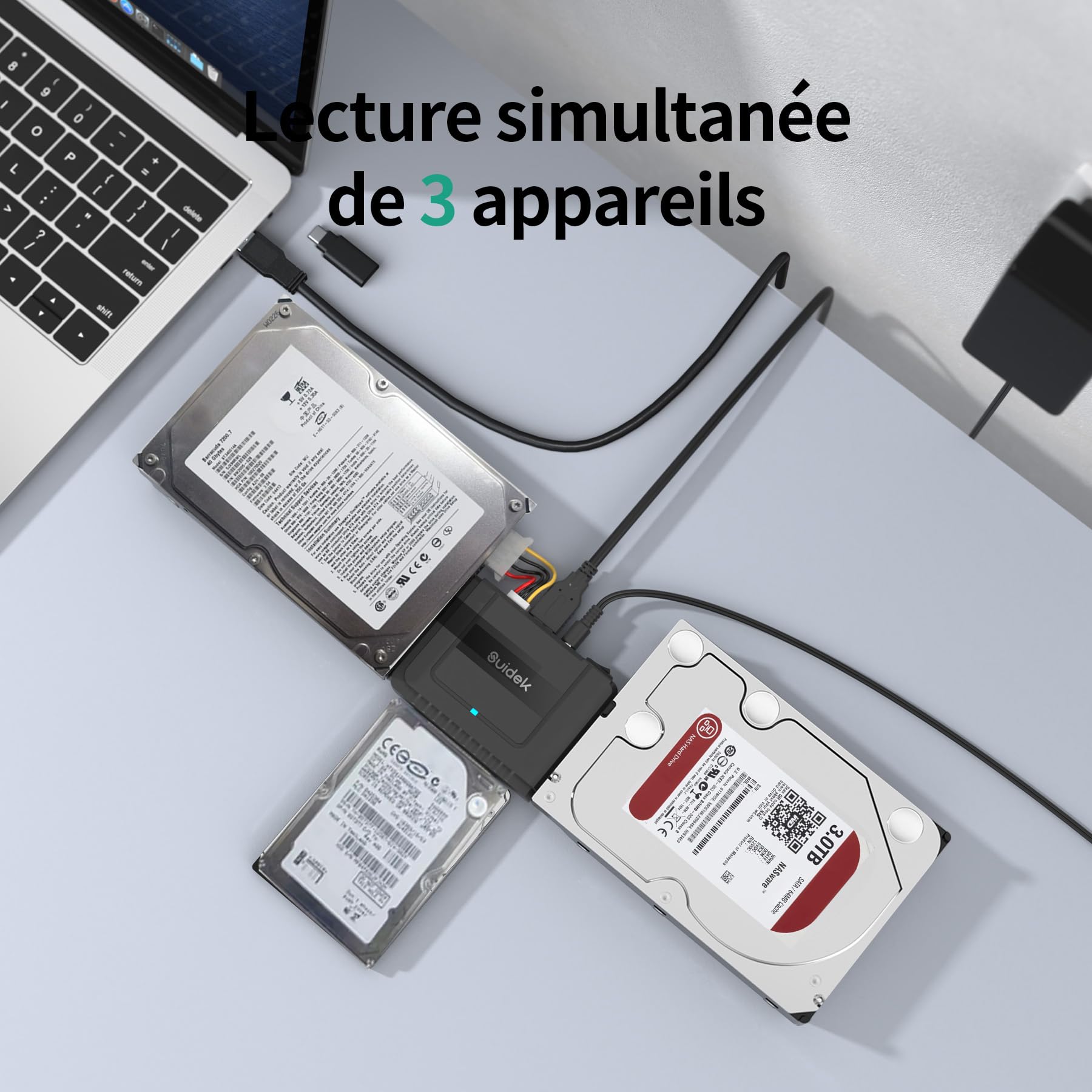 SUIDEK Convertisseur USB 3.0 vers SATA - Lecteur de Disque Dur Externe SATA vers IDE pour Disque Dur HDD/SSD 2,5"/3,5", Adaptateur IDE vers USB C Compatible avec Lecteur Optique