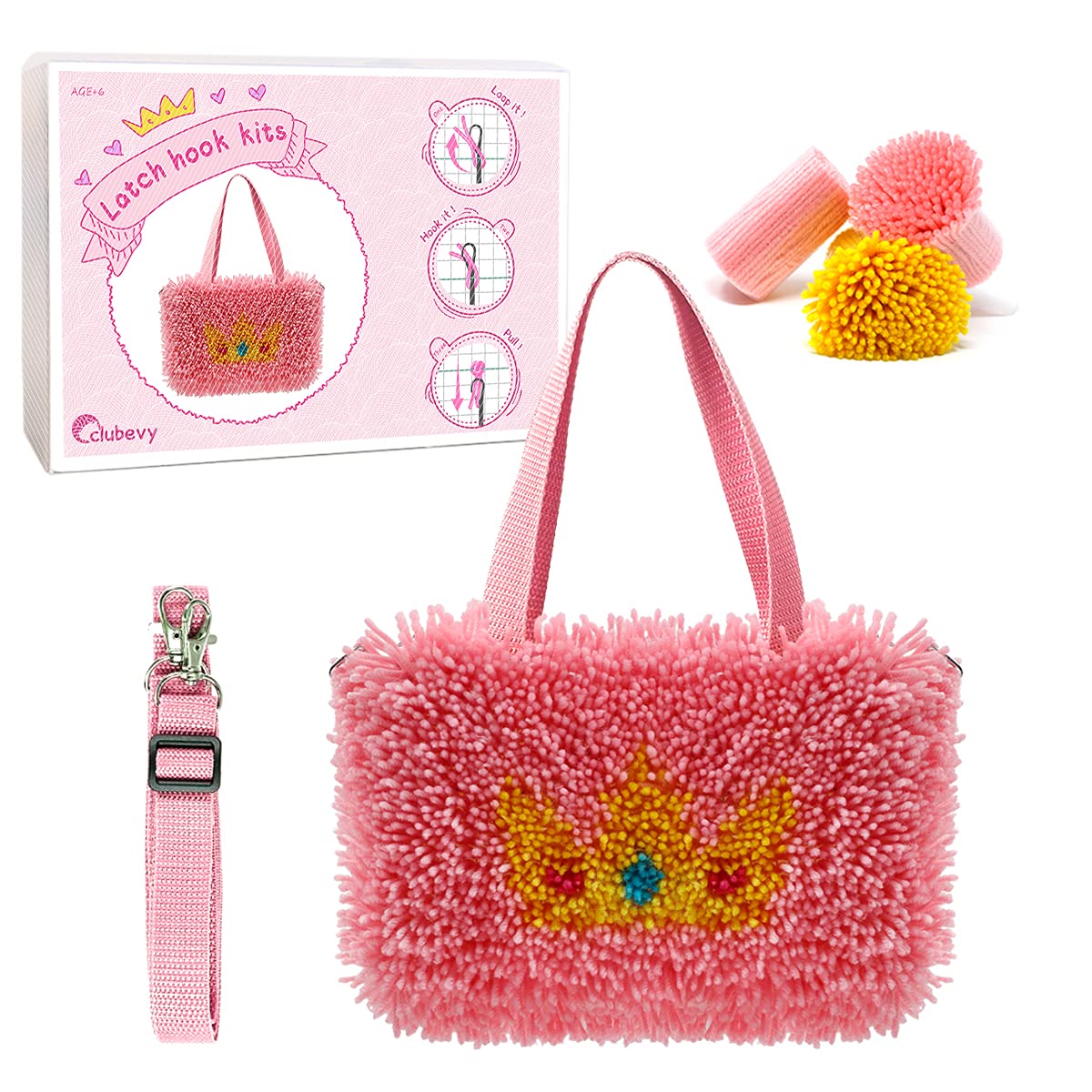 clubevy Latch Hook Craft Kit Beginners for Girls, Latch Hook Bag Kit with Printed Crown Pattern Bag, DIY Latch Hook Starter Handmade Bag Set for Kids Children Christmas and Birthday Present