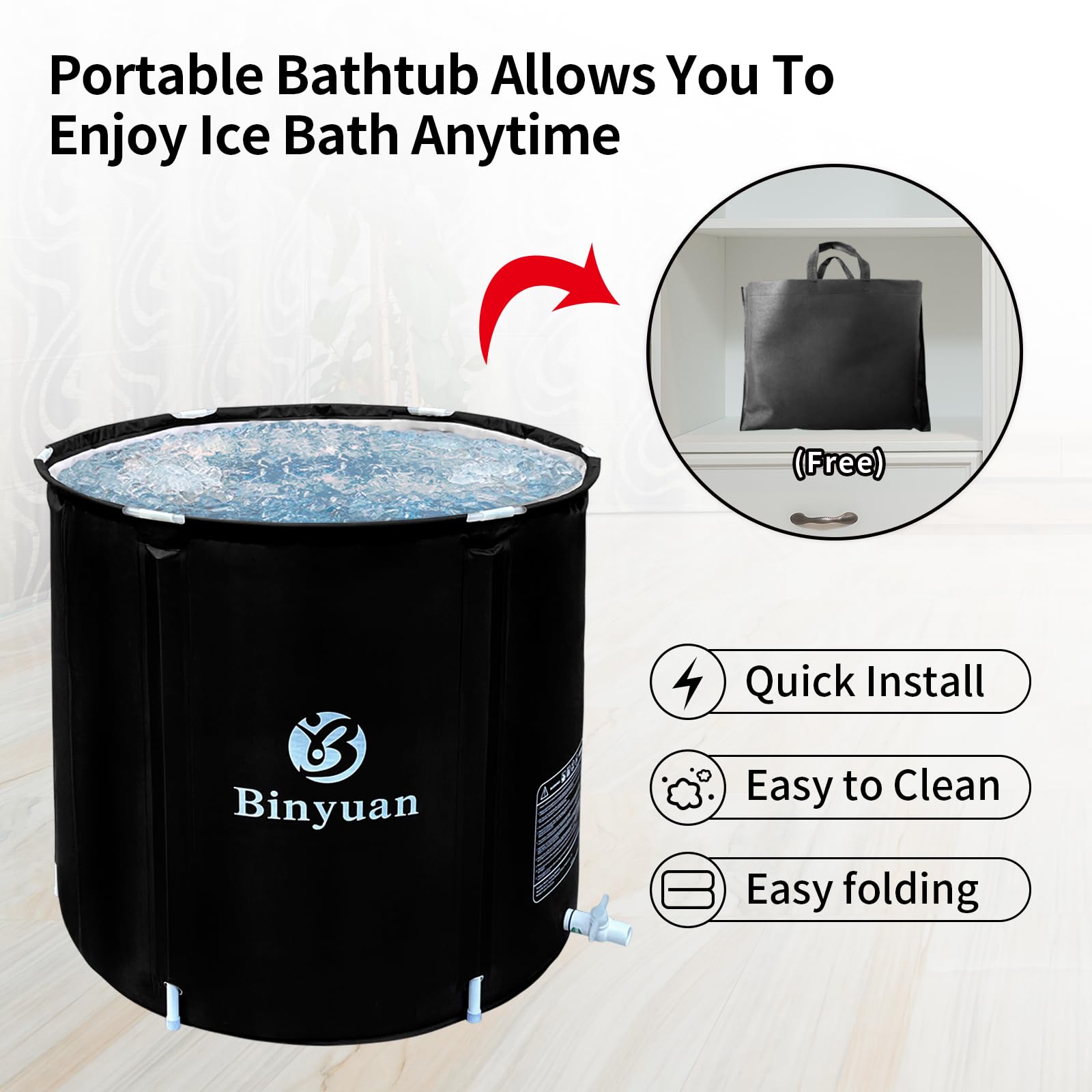 BINYUAN Ice Bath Tub for Athletes Portable Cold Plunge Tub Ice Bath Cold Plunge Tub Outdoor Ice Barrel Ice Bath Tub for Adults Cold Therapy Tub for Recovery Black (29.5" Î¦ x 26.8" H)