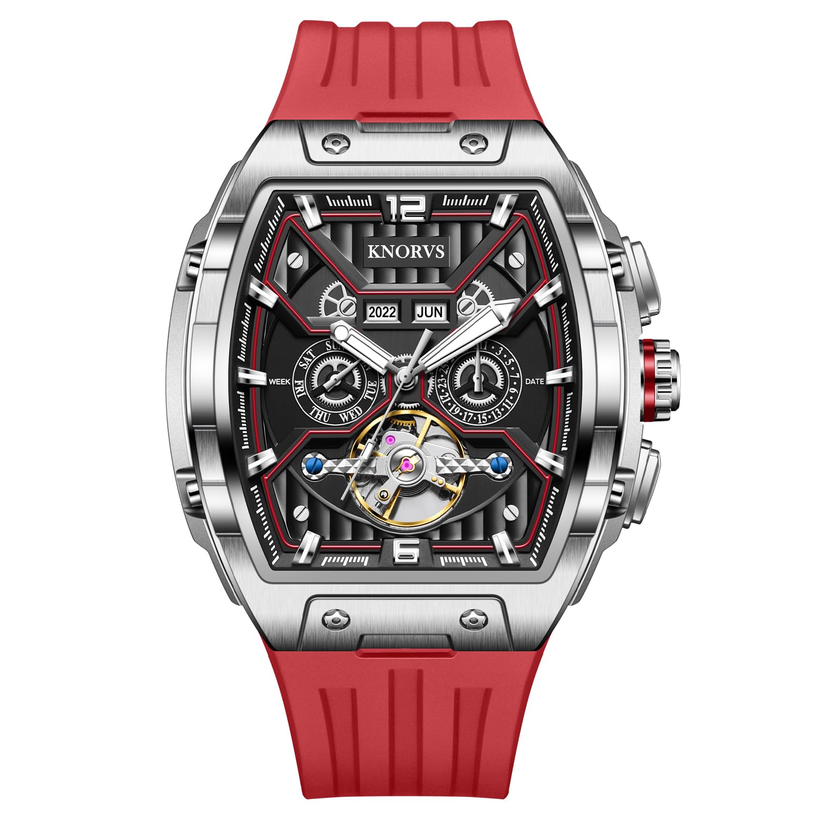 Orologio meccanico automatico Tourbillon da uomo, cassa in acciaio inox, quadrante scheletrato, cinturino in silicone, resistente all'acqua fino a 30 m
