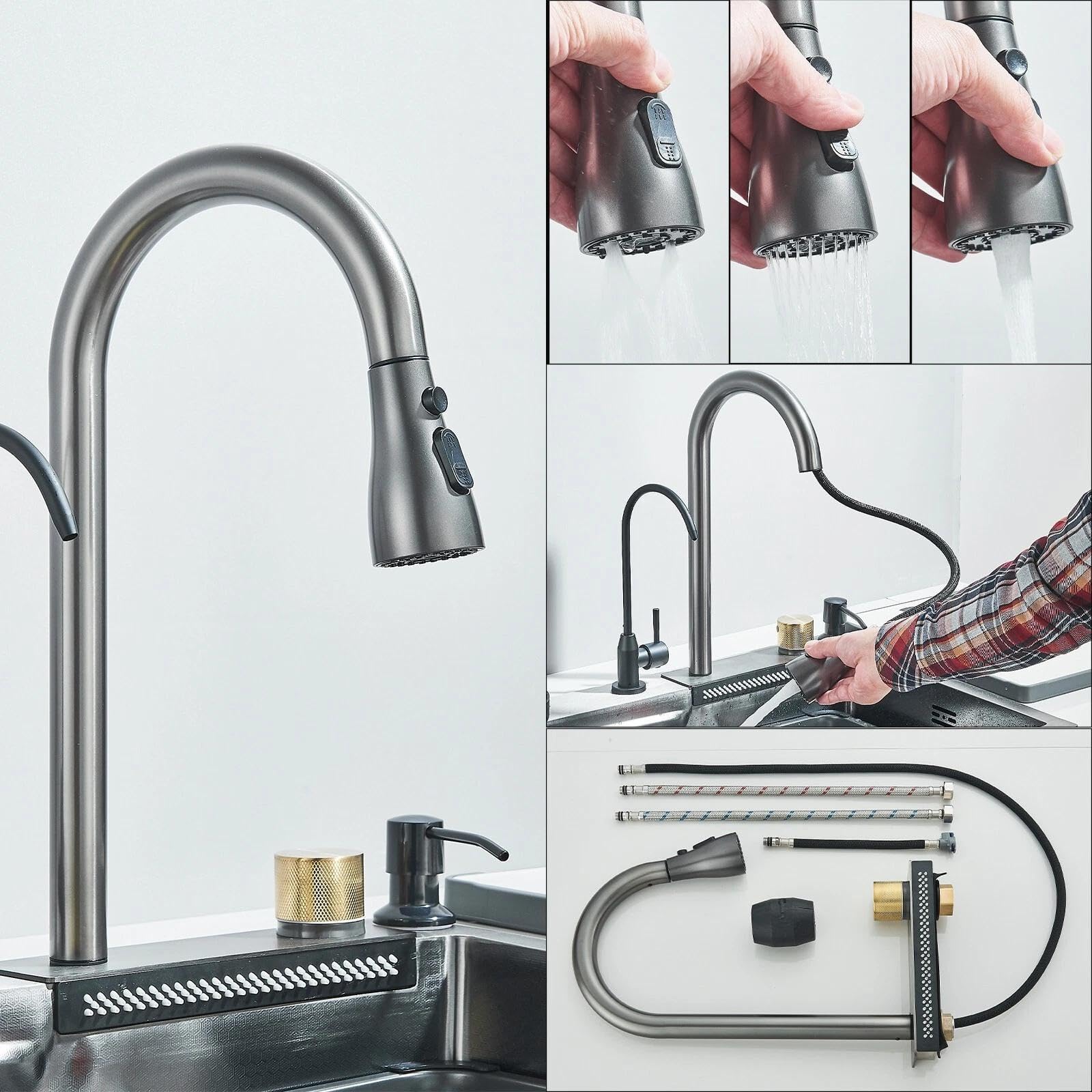 Evier Cuisine Inox 1 Bac avec Robinet Extensible et Pure Rince Verr Automatique 1 Bac avec Egouttoir 60 * 46 * 20cm Inox