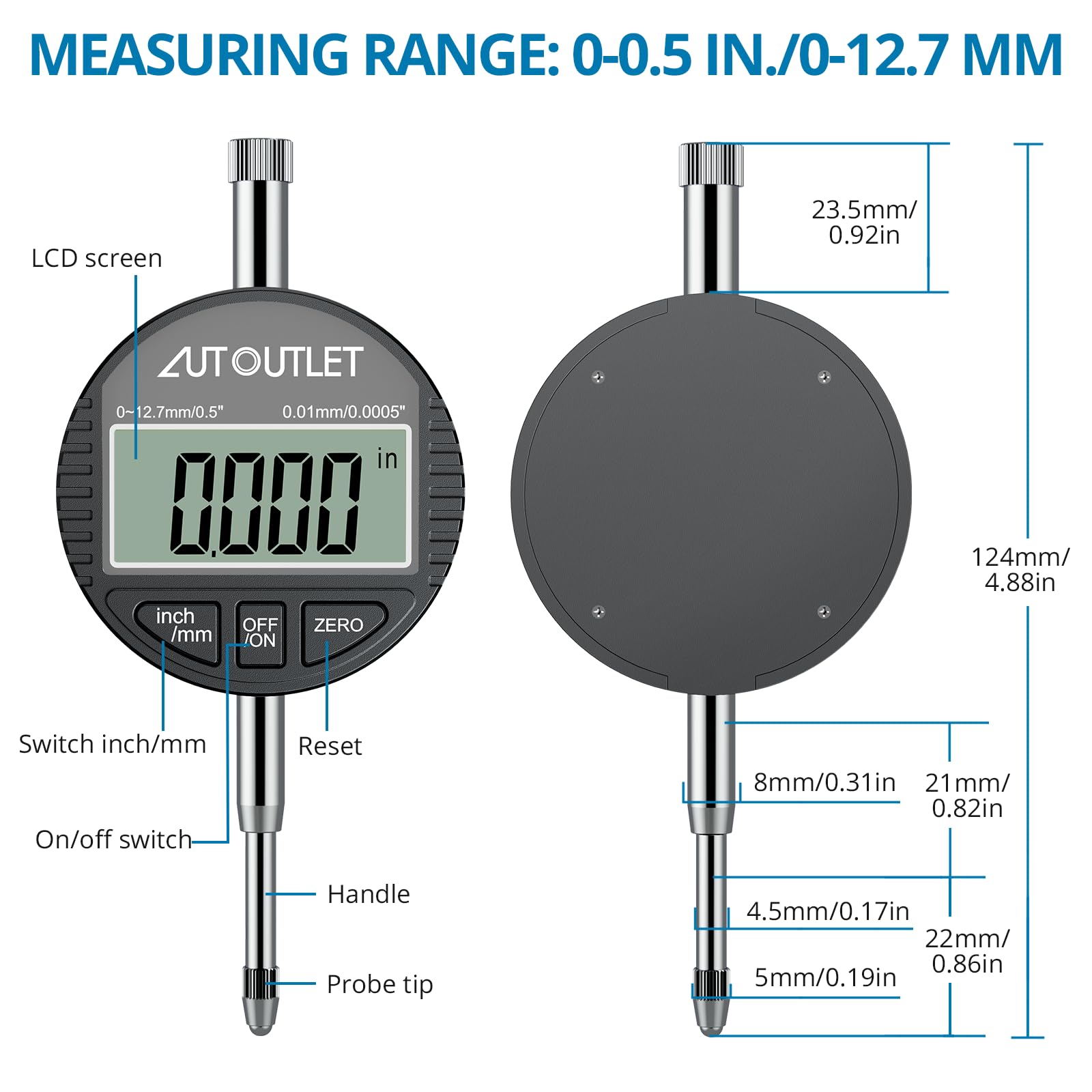 AUTOUTLET Comparateur Électronique 50-160 Mm, Comparateur Numérique 0,01 Mm Mesure À Deux Points Comprend 12 Têtes Interchangeables Pour L'ingénierie Mécanique Et L'entretien Automobile