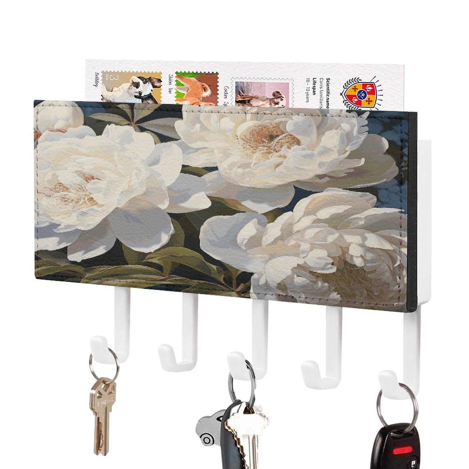 LDGSUPH White Peony Key Holder Wall Mount Key Hanger with 5 Hooks Fashion Key Organizer Rack Hanging Key Hooks with Mail Organizer Key Rack for Home Entryway Hallway White-Style