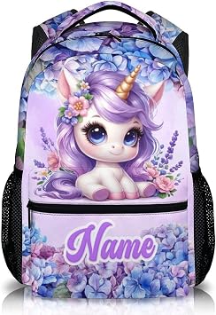 Girls Backpack for Kids Teens Personalized Unicorn Bookbag with Name, Custom Backpack for Preschool Elementary Lightweight Back to School Gifts