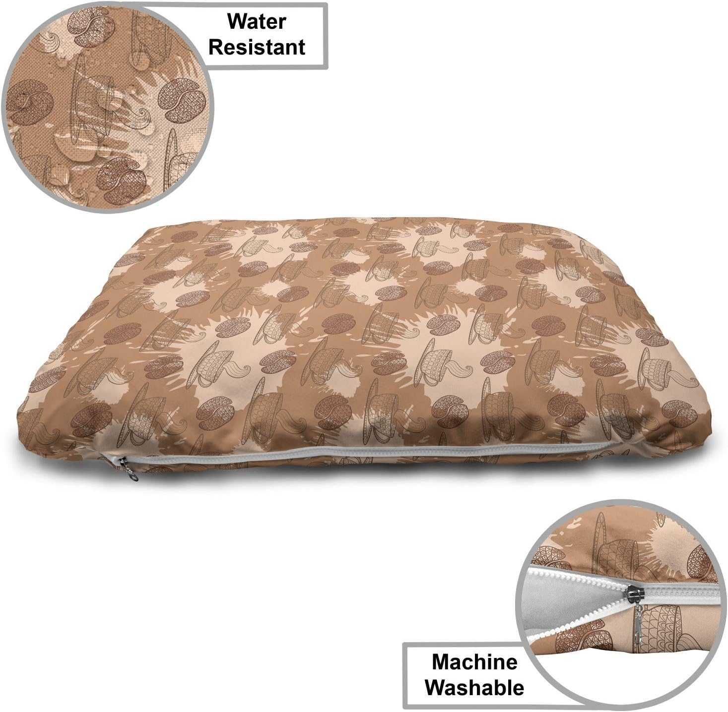 review Lunarable Coffee Art Pet Bed, Continuous Beans and Warm Drink Cups in Lace Pattern Earth Tones Print, Chew Resistant Pad for Dogs and Cats Cushion with Removable Cover, 24