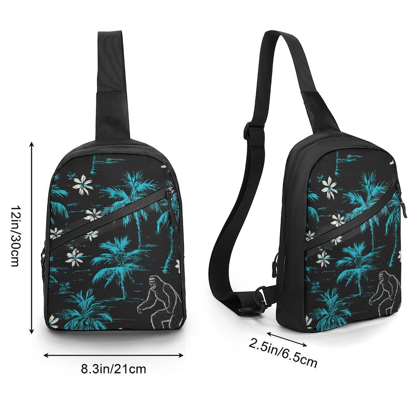 Hawaii Surfing Bigfoot Palm Trees Chest Bag Foldable Crossbody Unisex Pack Travel Hiking Adjustable Shoulder Straps Sling Bags