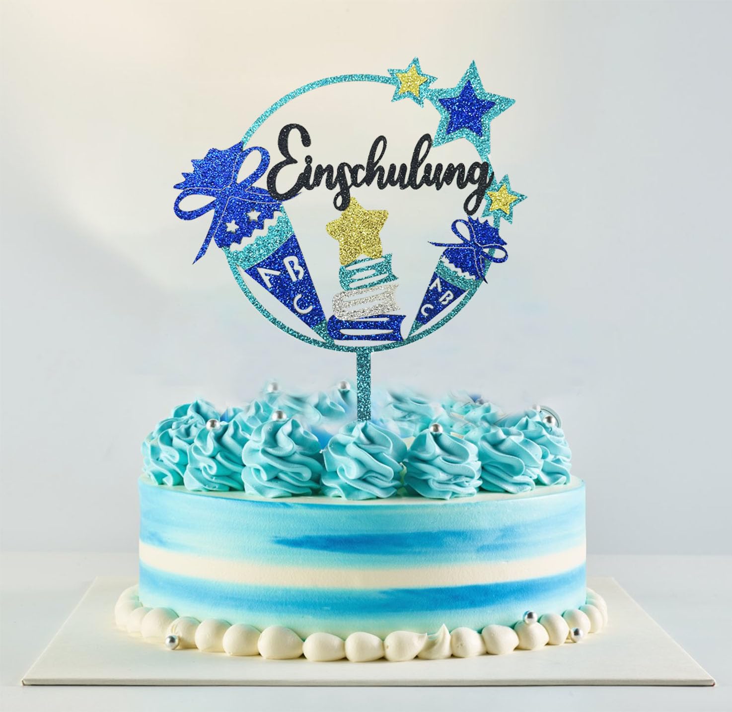 Einschulung Kuchendeko Mädchen – Glitzernd Rosa Cake Topper 16x18 Cm, Mit 4 Aufklebern