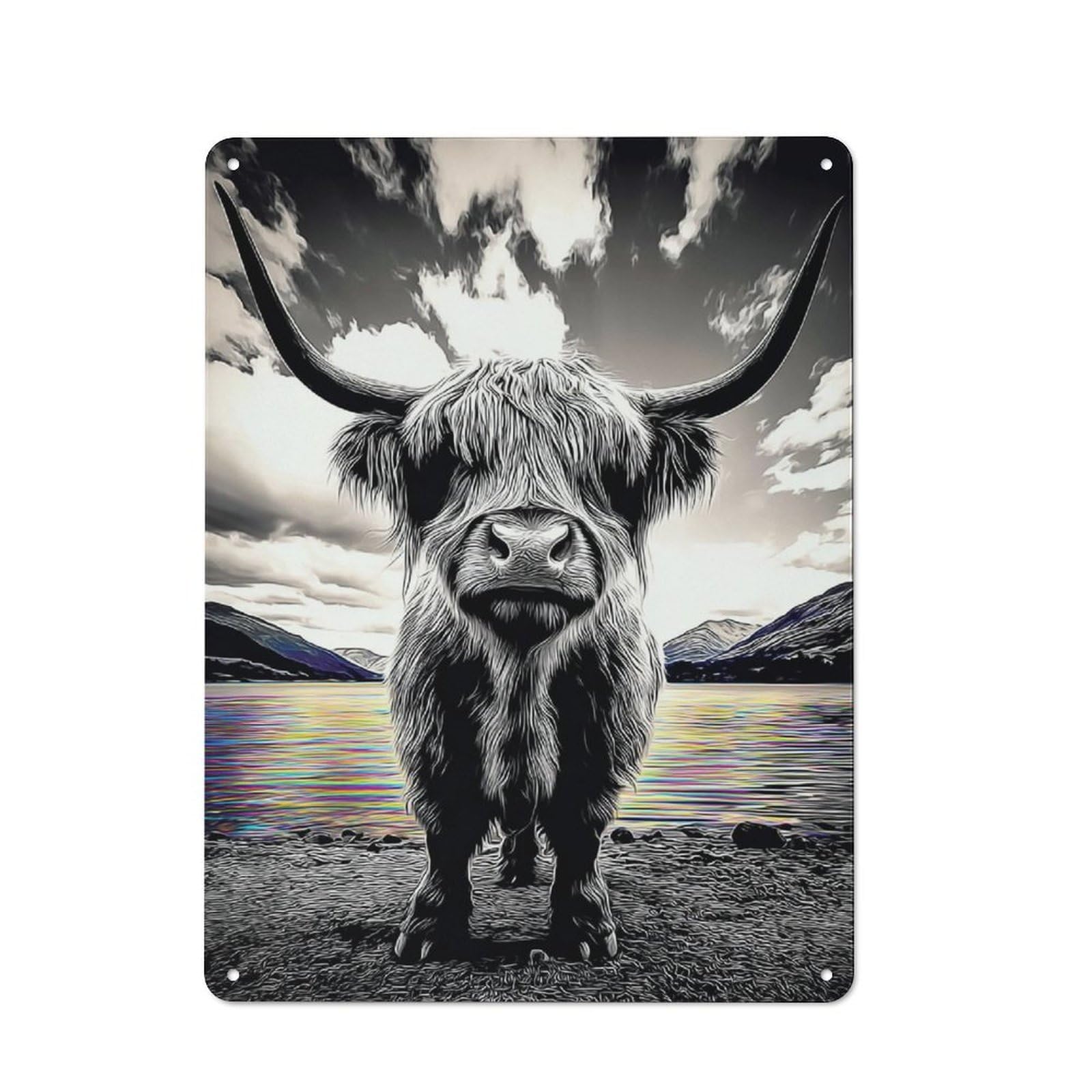 Industrial Decorative Metal Plaque 40x30cm Featuring Highland Cow by The Lake, Urban Room Decor for Flat, Bar, Studio Or Gallery Wall