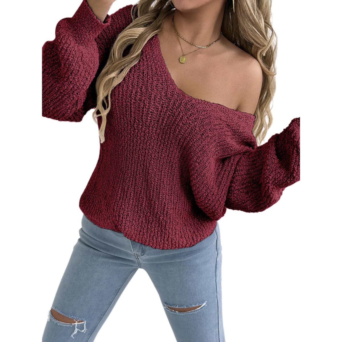 Chvity Womens Slouchy Off The Shoulder Knit V Neck Sweater Fall Winter Trendy Cozy Pullover Sweaters