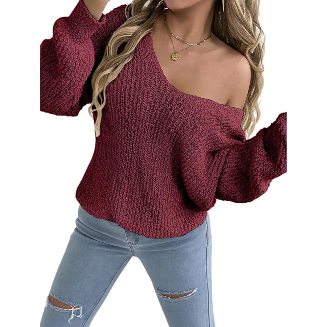 Chvity Womens Slouchy Off The Shoulder Knit V Neck Sweater Fall Winter Trendy Cozy Pullover Sweaters