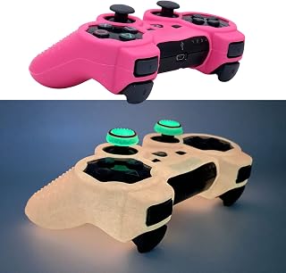Silicone Case Cover for PS3 Controller Grips, Luminous Glow in Dark Night for Playstation 3 DualShock Video Game Joysticks Protector Skin Anti-Slip Gamepad Protector with 2pcs Thumb Caps Free (Pink)