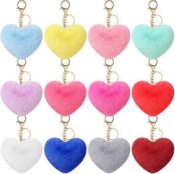 Equsion 12 Pcs Heart Pom Keychain Bulk Colored Faux Fur Pom Gift for Mom Keychains Wholesale for Mothers day and women Bright Colors