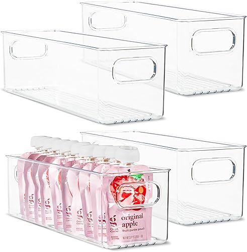 primebox Paquete de 4 contenedores de plástico transparentes con asas para organizar cocina, despensa, refrigerador, congelador, despensa, armario,
