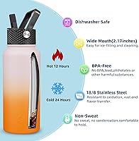 Vista 179 de BJPKPK - Botellas de agua aisladas con tapa de popote, botellas de agua de acero inoxidable de 40 onzas con 3 tapas, termo a prueba de fugas libre