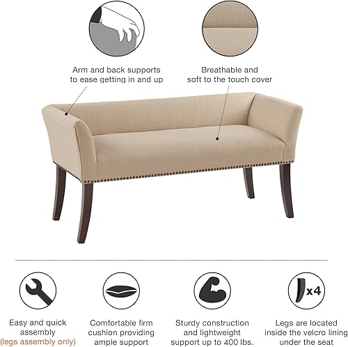 Miniatura 6 de Madison Park Welburn - Banco tapizado con respaldo, borde con clavos, acolchado, de tela moderna de mediados de siglo para dormitorio, 49.5 x 19.25