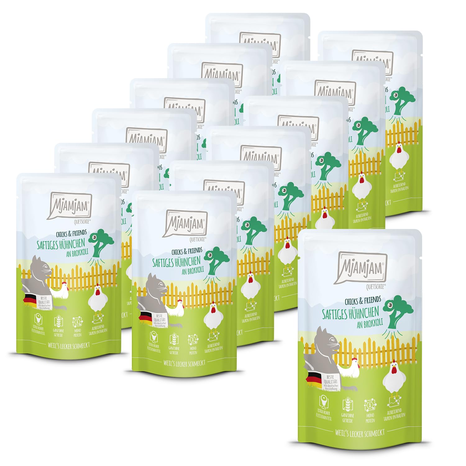 MjAMjAM - Karma mokra premium dla kotów - Quetschie - Chicks & Friends soczysty kurczak z brokułami, 12 opakowań (12 x 125g), bezzbożowa