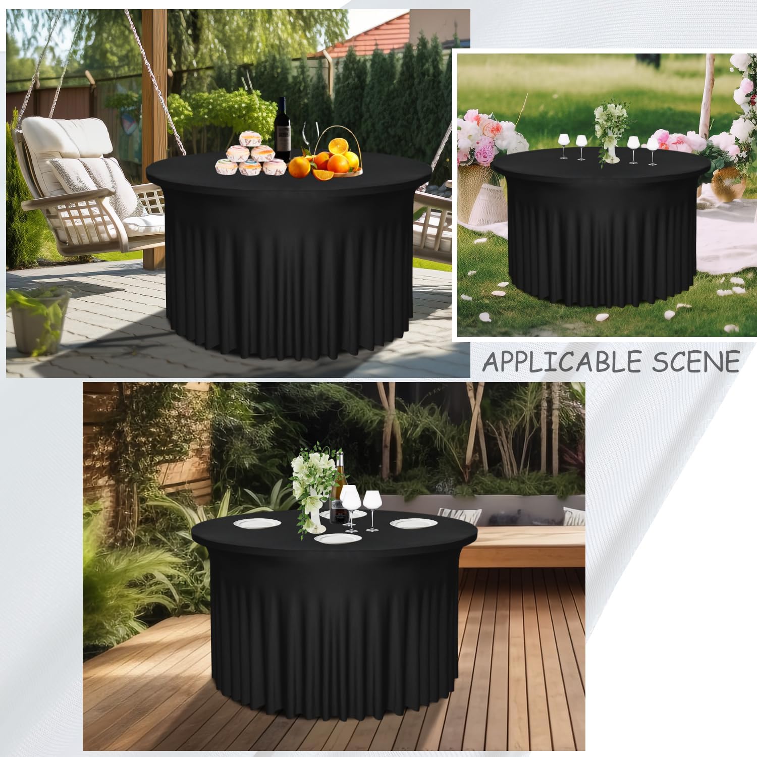 2 Pack 48" Diameter x 30" Height Black Table Skirt | Fits 4FT Round Tables |Polyester Spandex Round Table Cloths with Skirt|Stain 、Wrinkle Resistant、 for Wedding,Party,Dining,Banquet